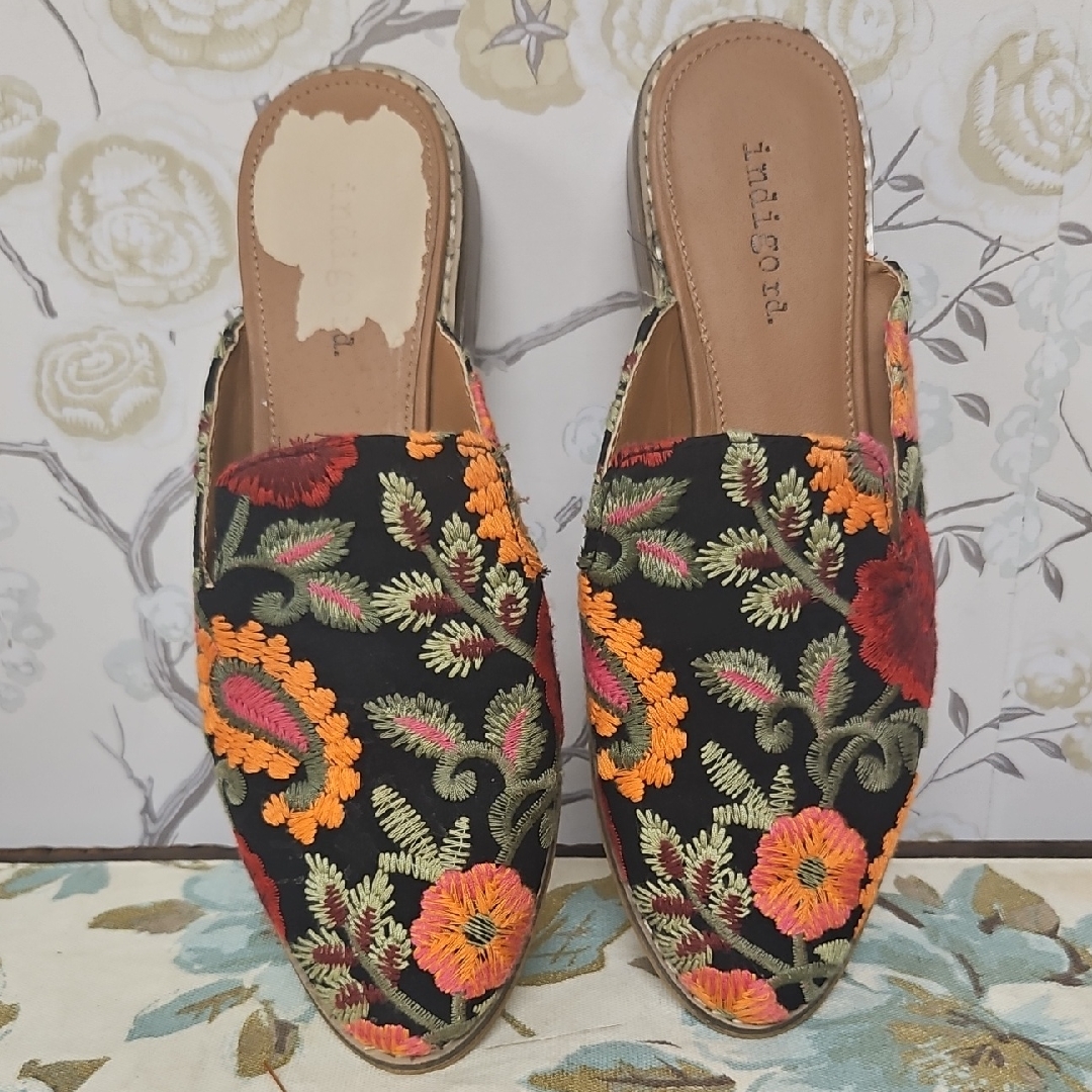 Indigo Black And Orange Floral Embroidered Mules